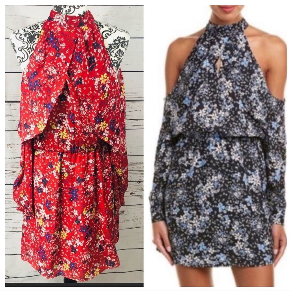 Parker Floral Long Sleeve Cold Shoulder Floral Long Sleeve Dress Red M